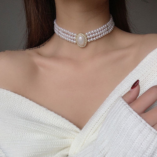 Baroque Pearl Gem Choker Necklaces for Women Triple-layer Beaded Necklace Luxury Jewelry Gift