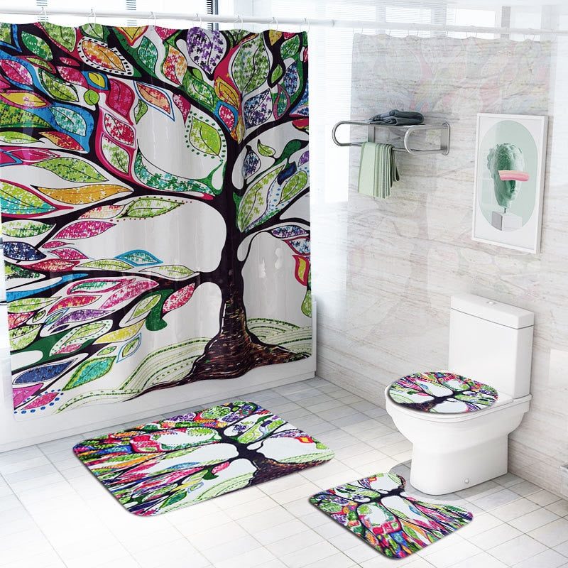 Colorful Tulip Lotus Flowers Trees Shower Curtain Sets Non-Slip Rugs Toilet Lid Cover and Bath Mat Waterproof Bathroom Curtains