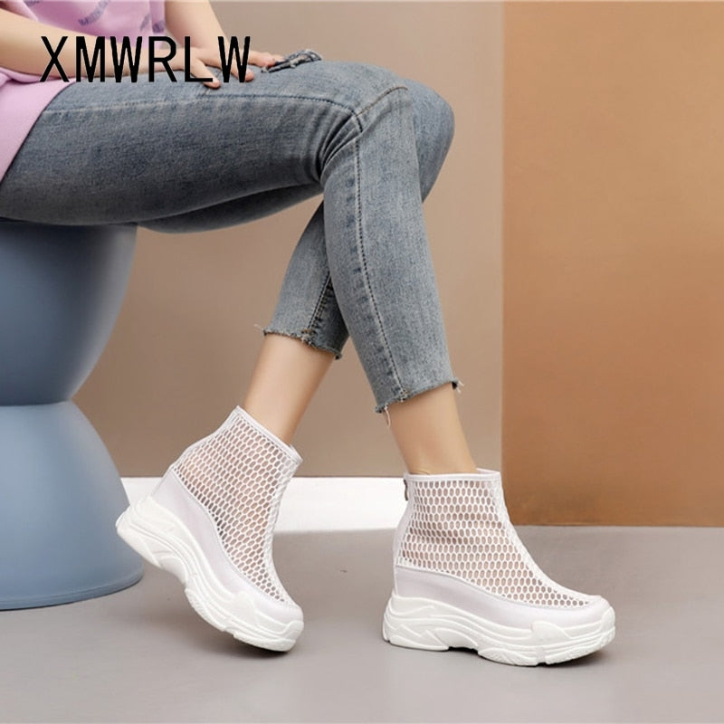 XMWRLW Women's Summer Boots Breathable Mesh High Heels Shoes For Women 2020 Summer Rubber Sole Women Ankle Boot Wedge Shoes