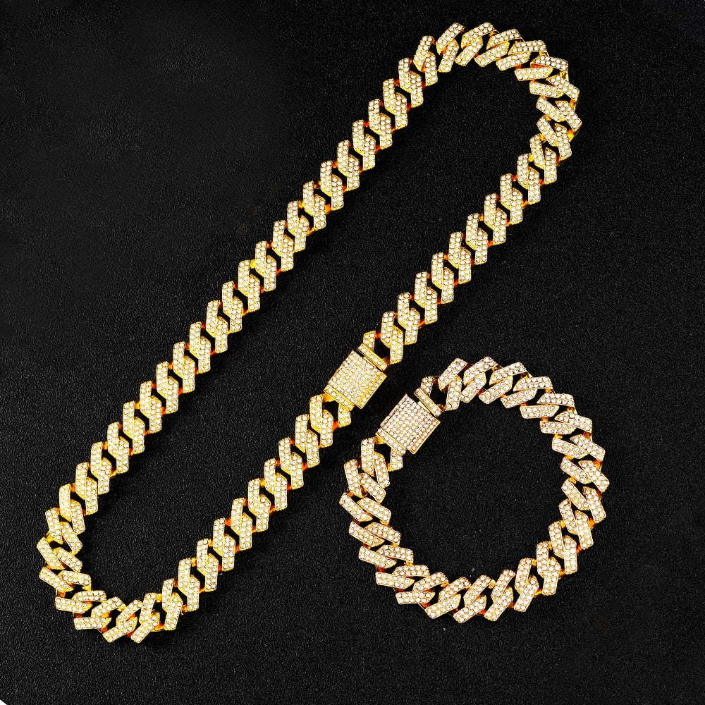 Hip Hop Men Chain 15MM Prong Cuban Chain 2 Row Iced Out Men's Necklace Rhinestone Zircon Paved Necklaces For Men