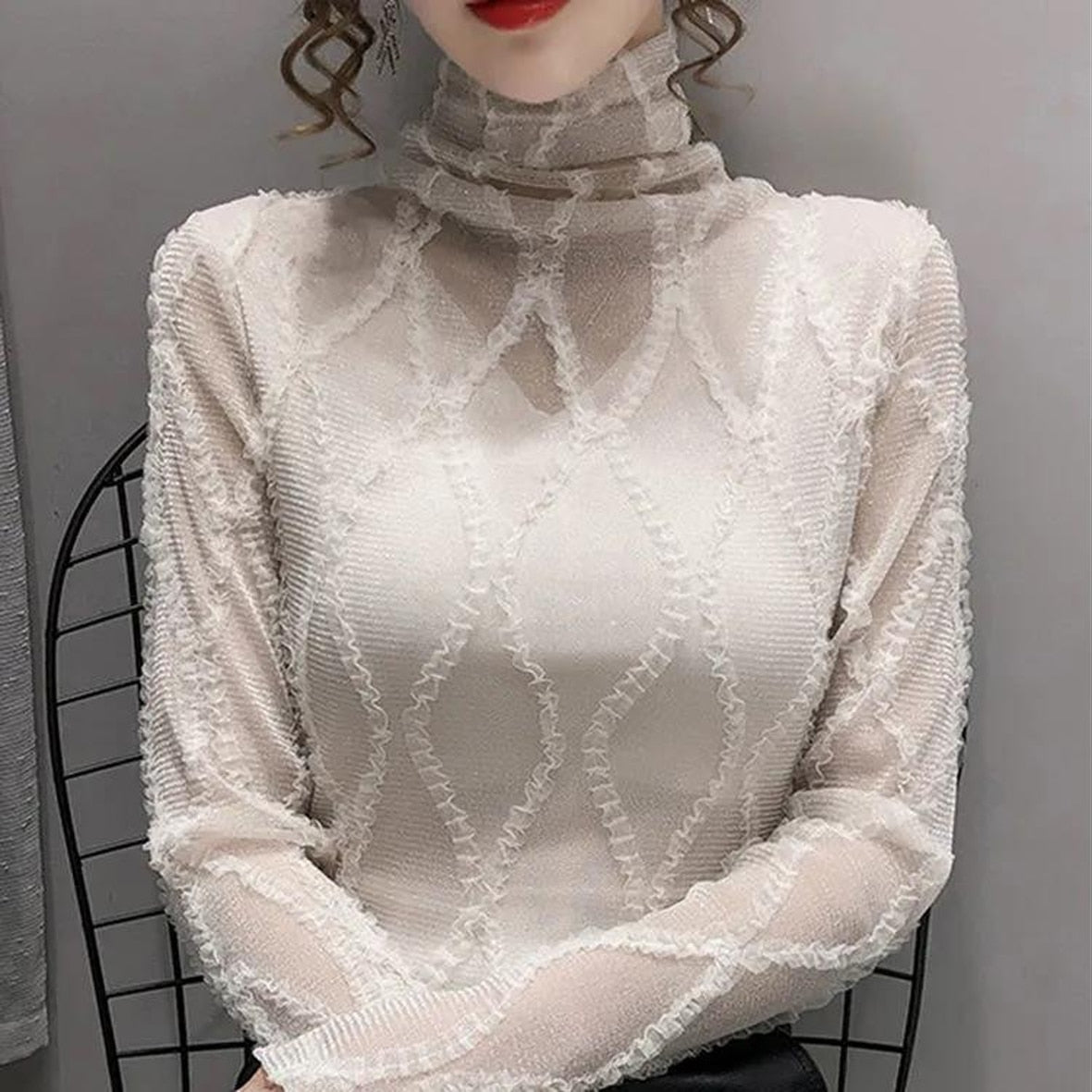 Lace, Ladies Sexy Basic Shirt, New Style For Autumn And Winter, All-match, High Neck And Long Sleeves, Fashionable Inside, Top