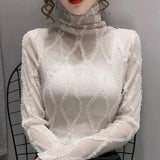 Lace, Ladies Sexy Basic Shirt, New Style For Autumn And Winter, All-match, High Neck And Long Sleeves, Fashionable Inside, Top