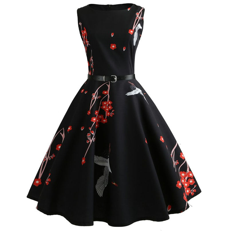 Summer Dress Women Sleeveless Floral Print Vintage Dress Casual Tank Retro 50s 60s Robe Rockabilly Chic Party Dresses Vestidos