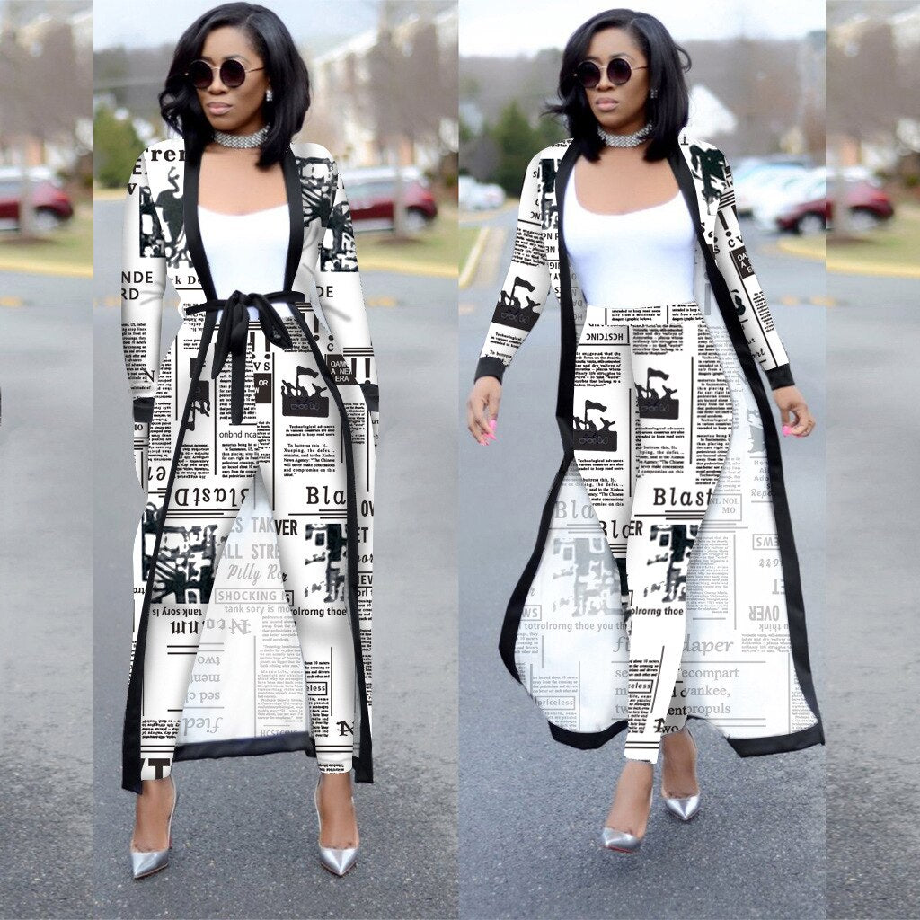 2 Pieces Set Sexy Spring Autumn Fashion Women Set Female Tops Floral Print Long Sleeve Cardigan Bodycon Stripe Pants