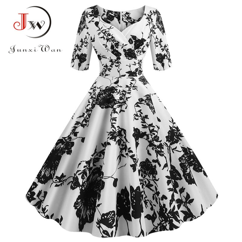 Women flower print Autumn dress Casual Winter half sleeve Elegant Vintage dress Robe femme plus size pinup office party vestidos