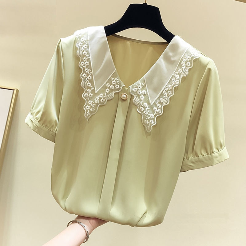 Women Spring Summer Style Chiffon Blouses Shirts Lady Casual Short Sleeve Peter Pan Collar Chiffon Blusas Tops ZZ0792