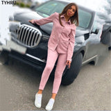 TYHRU Autumn Spring Women's Tracksuit Suede Solid Color Shirt Collar Single Breasted Belt Elastic 2 Pieces Pant Suit