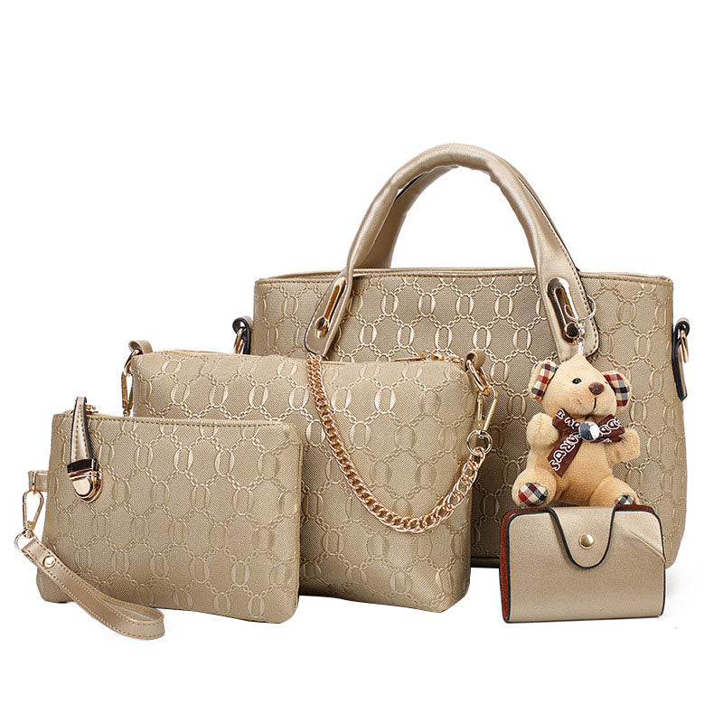 4Pcs/Set Elegant Ladies Bear Pendant Handbag Shoulder Bag Girls Fashionable PU Leather Casual Messenger Tote Bag