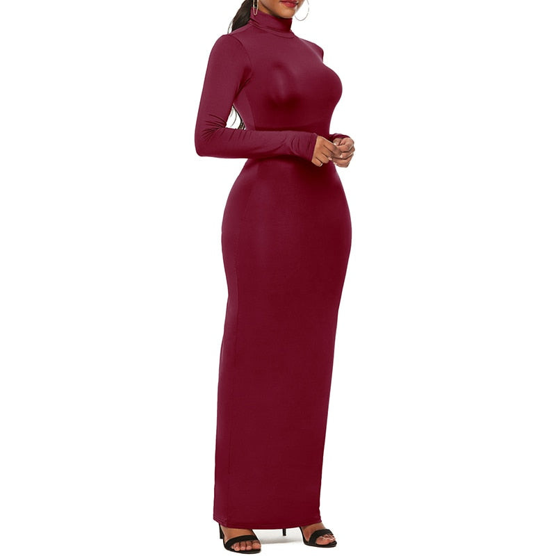 Turtleneck Long Dress Autumn Winter Muslim Elegant Office Lady Skinny Long Sleeve Bodycon Casual Dress Women Midi Clubwear