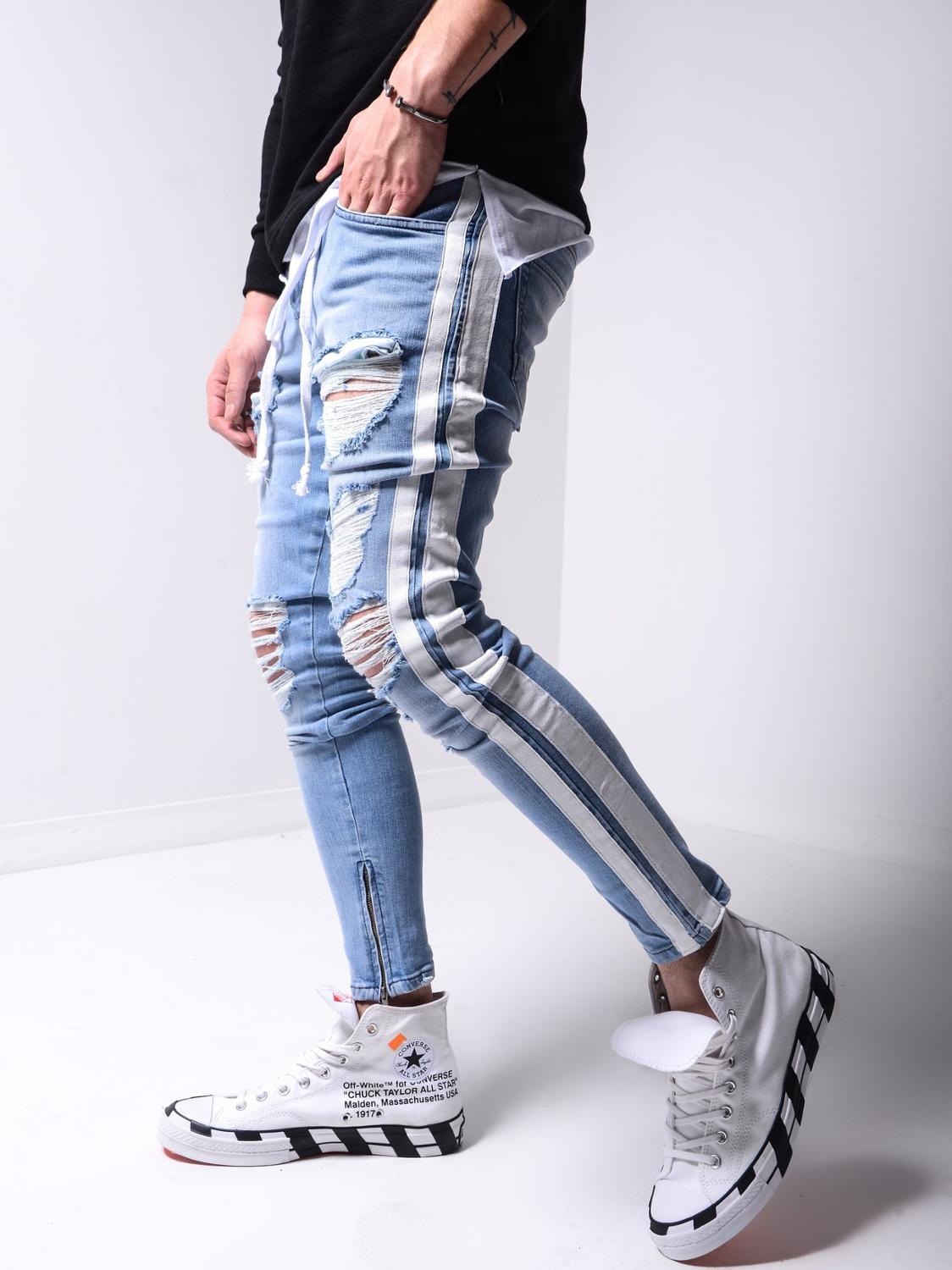 Skinny ripped jeans men Pants Pencil Biker Side Striped Jeans Destroyed Hole Hip Hop Slim Fit Man Scratched Jean Hombre Pantalon