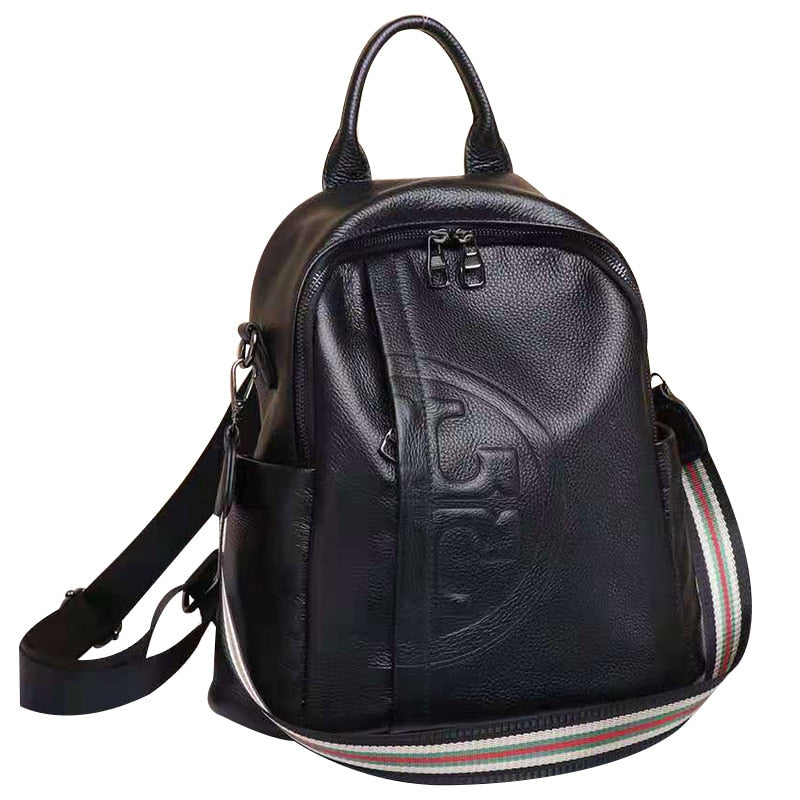 Ladies Travel Leather Backpack Real Cowhide Backpack Women's Bag Solid Color High Quality Black Leather Bag Student Schoolbag