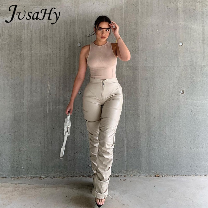 JusaHy Faux PU Leather Pleated High Waist Black Stacked Pant Women Slim Hipster Street Style Long Trousers Hot Sale Trend Female