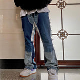 High Street Color Block Spliced Washed Jeans Mens Oversize Wide Leg Straight Denim Flare Pants Retro Loose Casual Trousers