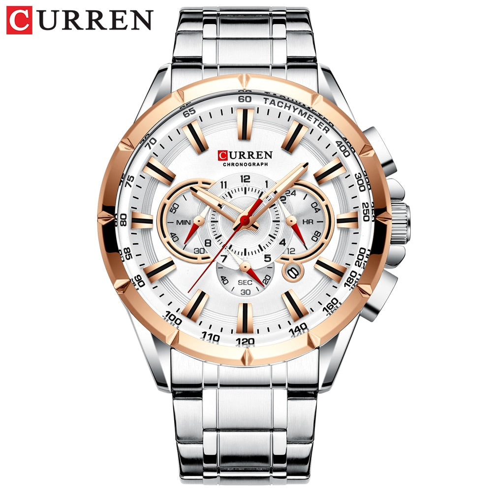 CURREN Luxury Casual Mens Watches Quartz Sports Chronograph Wristwatch Male Stainless Steel Luminous hands Clock