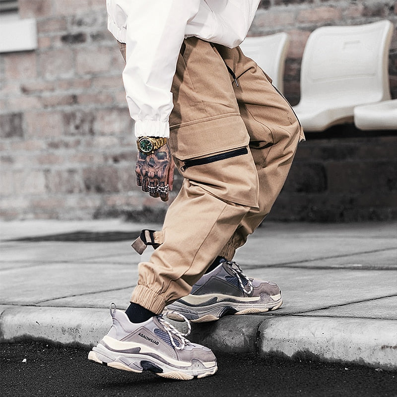 Streetwear Harem Joggers Men Ribbons Pockets Casual Mens Cargo Pants Hip Hop Cotton Casual Ankle-length Men Trousers