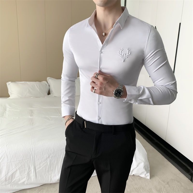 Solid Simple Mens Casual Shirt Slim Fit Business Formal Wear Deer Head Embroidery Shirt Men Brand New 2020 Long Sleeve Men Shirt