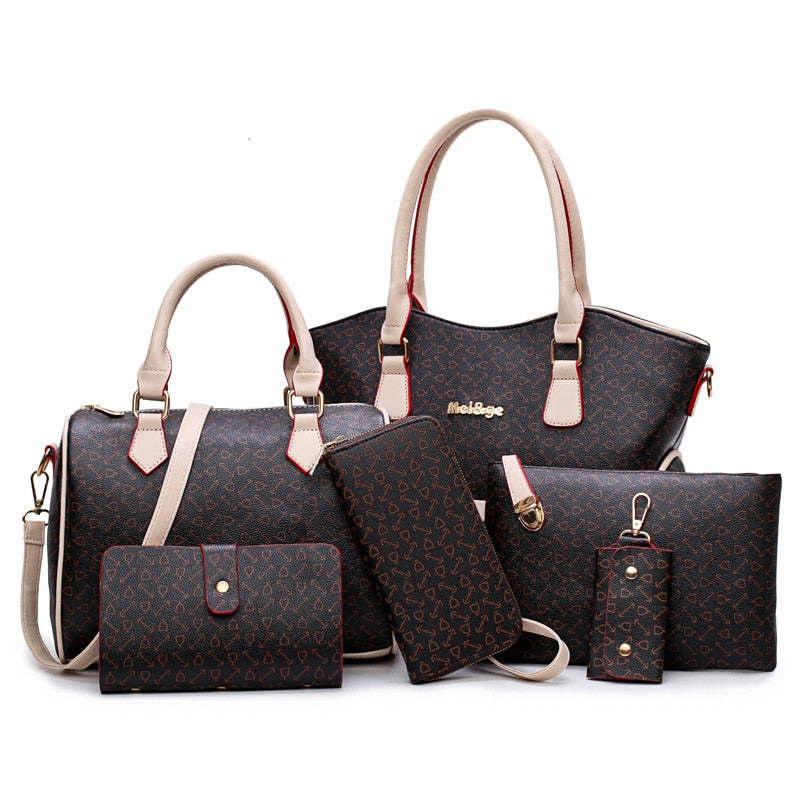 6pcs/set Women's Bags PU Leather Large Capacity Tote Shoulder Bags Messenger Bag For Ladies Wallet Clutch Handbag Son-mother Bag