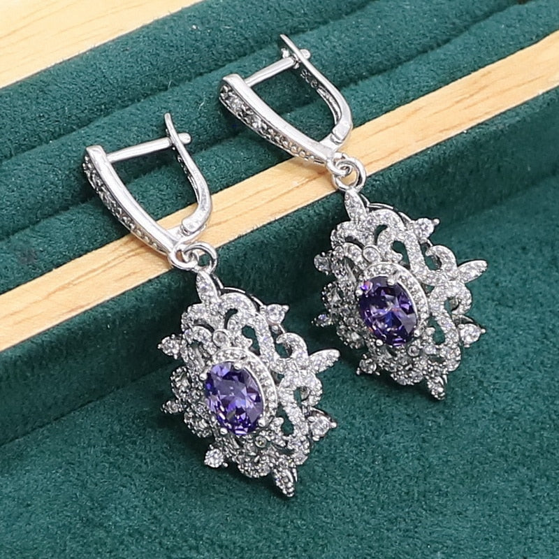 Purple Amethyst 925 Sterling Silver Jewelry set for Women Bracelet Earrings Necklace pendant Ring