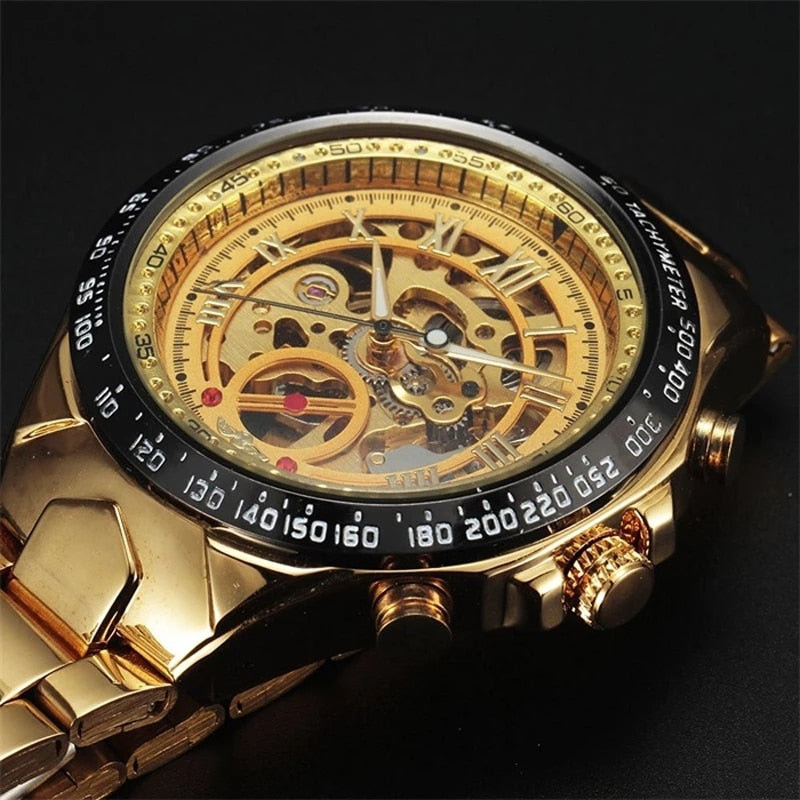 2022 WINNER Men Gold Watches Stainless Steel Band Automatic Mechanical Watch Male Skeleton Wristwatch Luxury Brand Sports Design