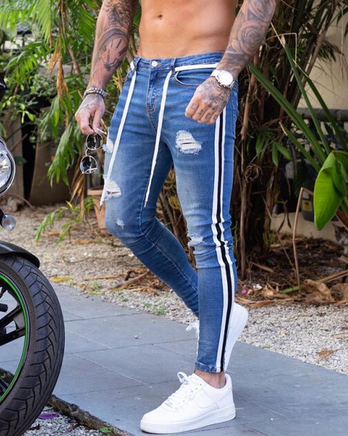 Men's Painted Skinny Slim Fit Straight Ripped Distressed Pleated Knee Patch Denim Pants Stretch Jeans