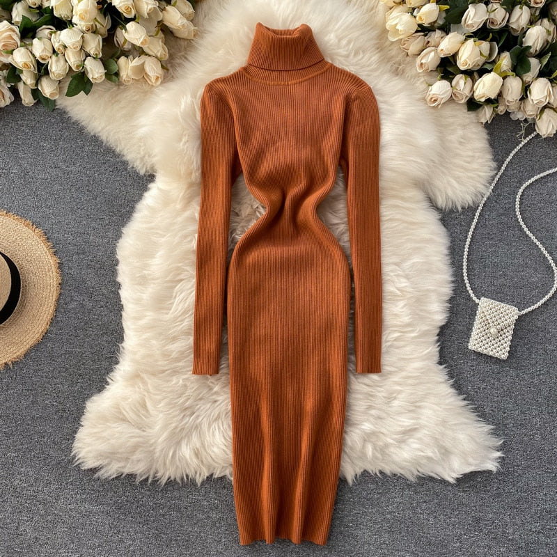 Dresses for Women 2022 Sexy Turtleneck Knitted Bodycon Dress Women Autumn Winter Long Sleeve Sweater Dress