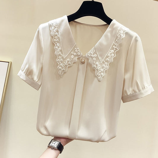 Women Spring Summer Style Chiffon Blouses Shirts Lady Casual Short Sleeve Peter Pan Collar Chiffon Blusas Tops ZZ0792