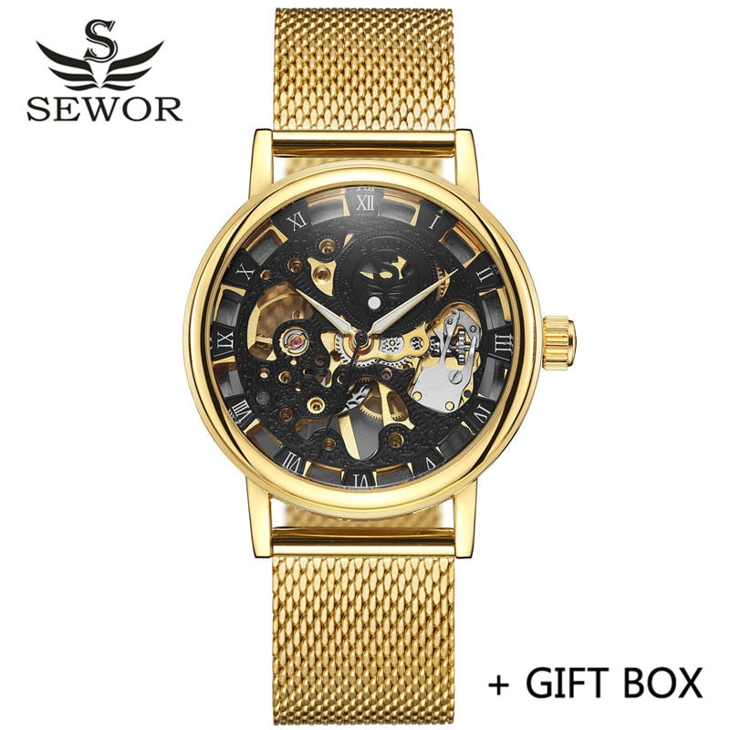 SEWOR Watch Men Skeleton Watches Stainless Steel Mesh Strap Mechanical Hand Wind Wristwatches Luxury Business Gold Watches Men