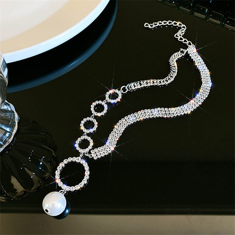 FYUAN Circle Rhinestone Choker Necklaces for Women Clavicle Chain Pearl Pendant Necklaces Weddings Jewelry Party Gifts