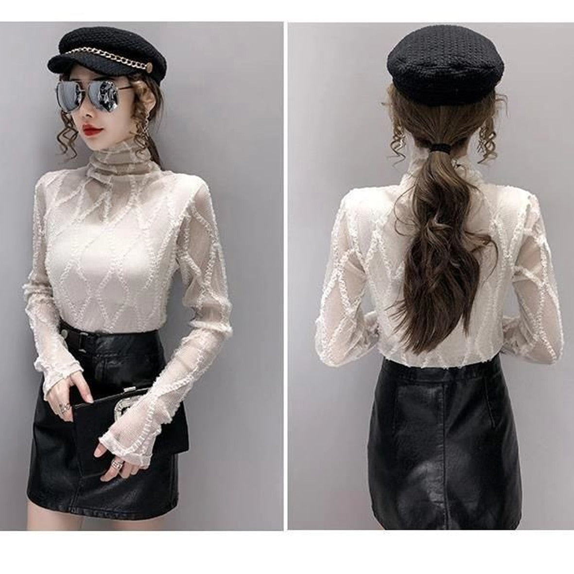 Lace, Ladies Sexy Basic Shirt, New Style For Autumn And Winter, All-match, High Neck And Long Sleeves, Fashionable Inside, Top