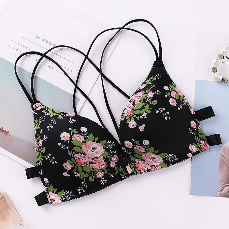 Fashion Floral Print Bra Front Buckle Underwear Seamless Cross Back Women Push Up Bras