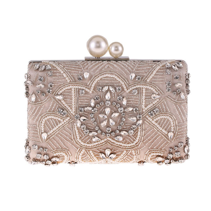 Apricot Silver Crystal Clutch Bags Handmade Beaded Pearl Wedding Clutch Purse Luxury Handbags Women Shoulder Bags ZD1361