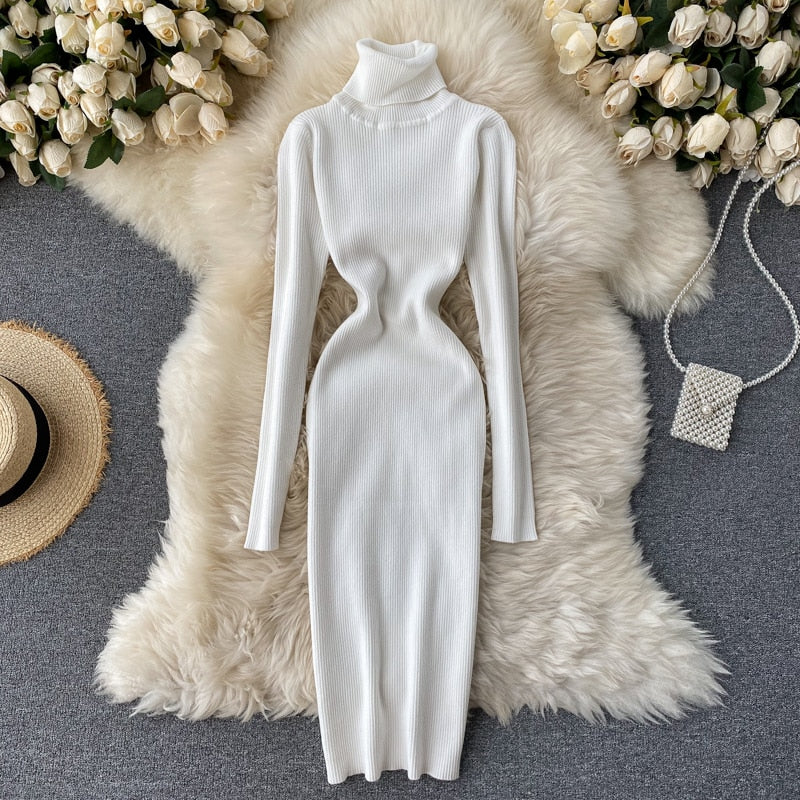 Dresses for Women 2022 Sexy Turtleneck Knitted Bodycon Dress Women Autumn Winter Long Sleeve Sweater Dress