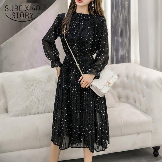 Black Vintage ClotheS Spring Lady Long Chiffon Dress 2021 New Korean Fashion Women Long Sleeved Polka Dot Pleated Dress 3670 50