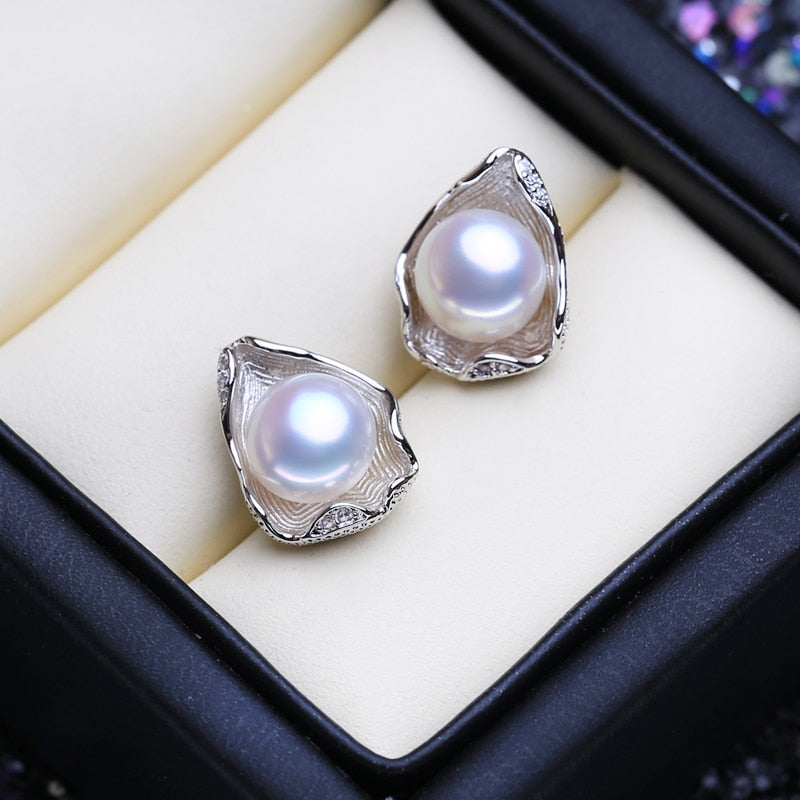 FENASY 925 Sterling Silver Pendant Necklace Natural Pearl Jewelry Sets For Women Classic Stud Earrings Fashion Party Rings