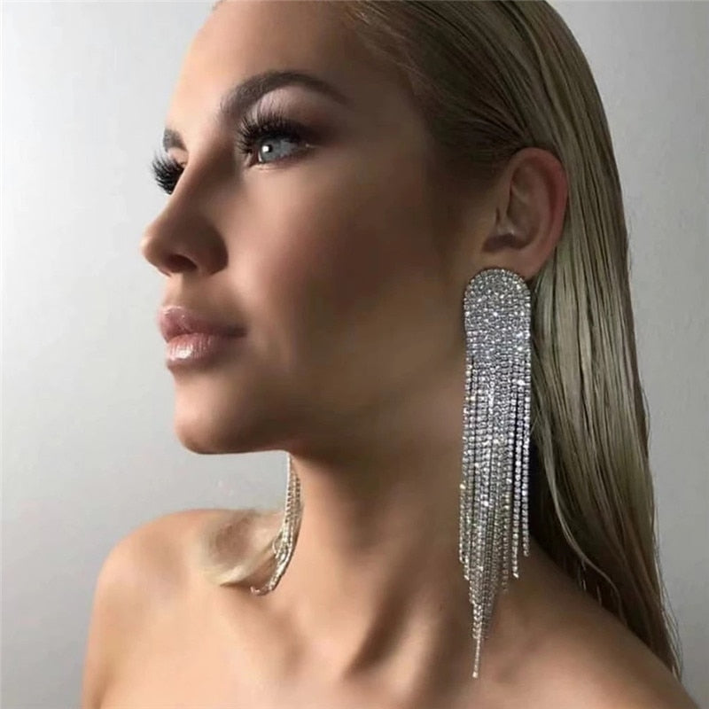 Europe And America New Exaggerated Full Rhinestone Tassel Earrings For Women Party Wedding Statement Jewelry Long Earings Gifts