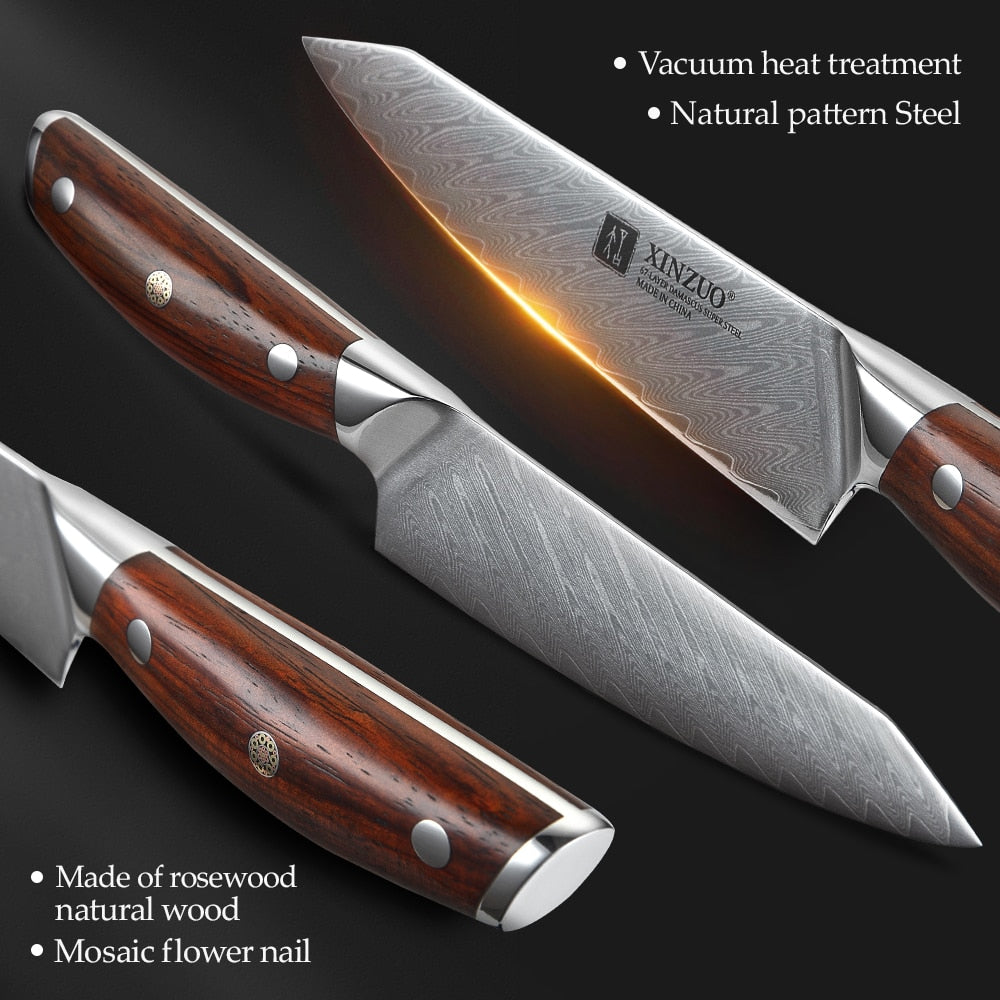 XINZUO 2 PCS Kitchen Knife Brand Cook Sets High hrc Damascus Steel Knife Brand Chef Paring Knives Cooking Tools rosewood Handle