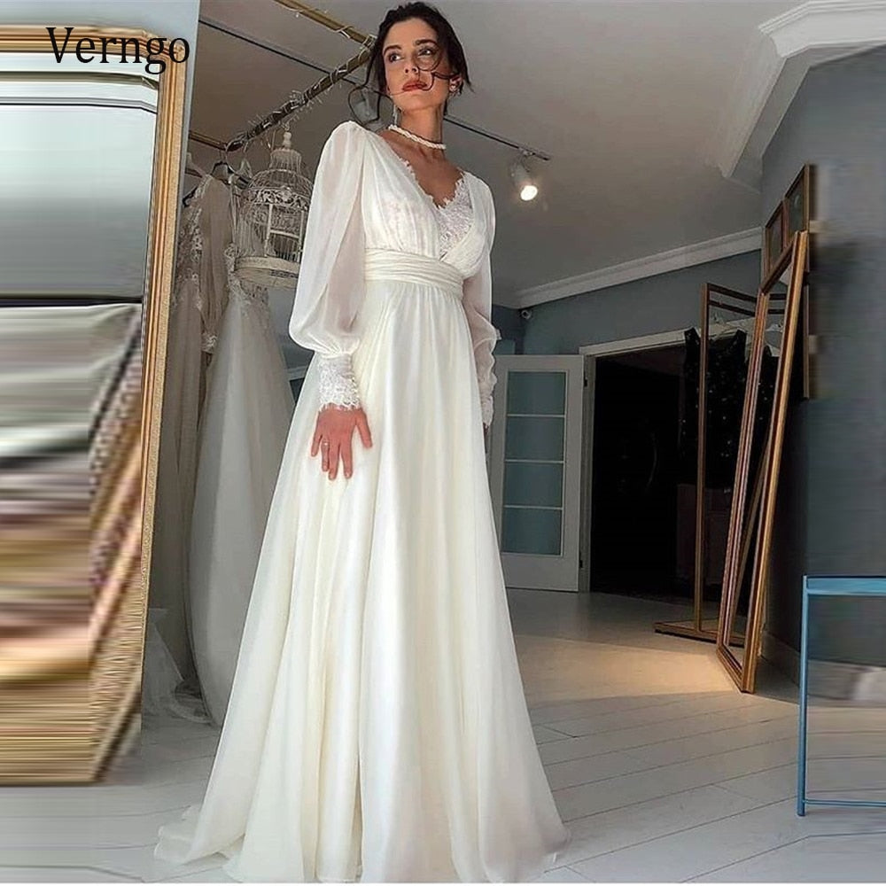 Verngo Vintage Lace Puff Long Sleeves Wedding Dresses Chiffon A Line V Neck Bride Gowns Floor Length Elegant Bridal Dress