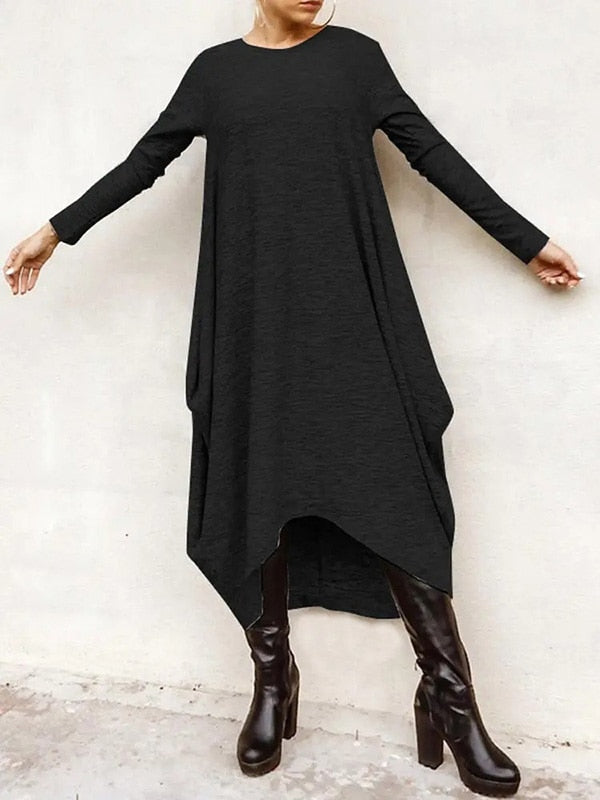 Oshoplive New Autumn 2021 Hot Sale Casual Irregular Vintage Dress Women Simple Solid Color Round-Neck Long Sleeves Midi Dress