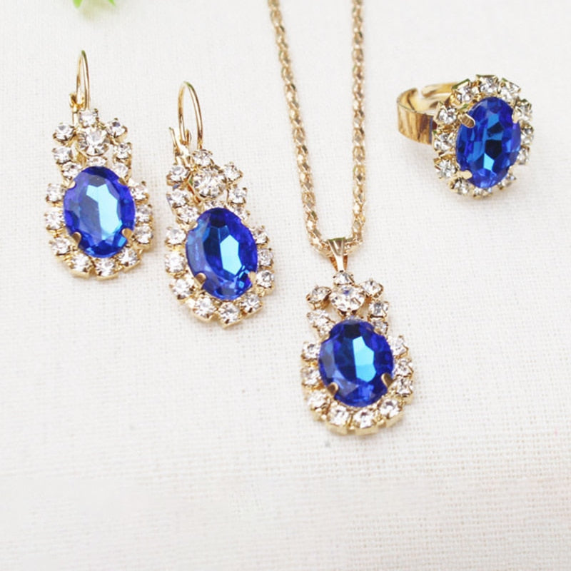 Water Drop White Blue Red Purple Black Rhinestones Jewelry Sets For Women Pendant/Necklace/Earrings/Rings