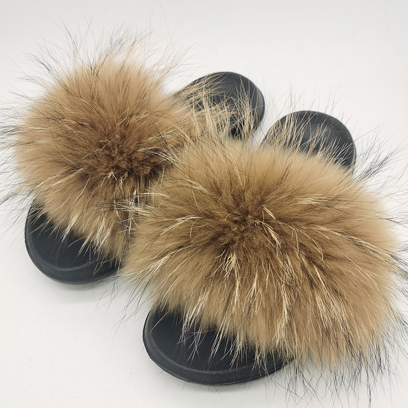 Women Summer Furry Fur Slippers Flat Non-slip Solid Real Fox Fur Slides Fluffy Slippers Ladies Shoes Woman Home Slipper