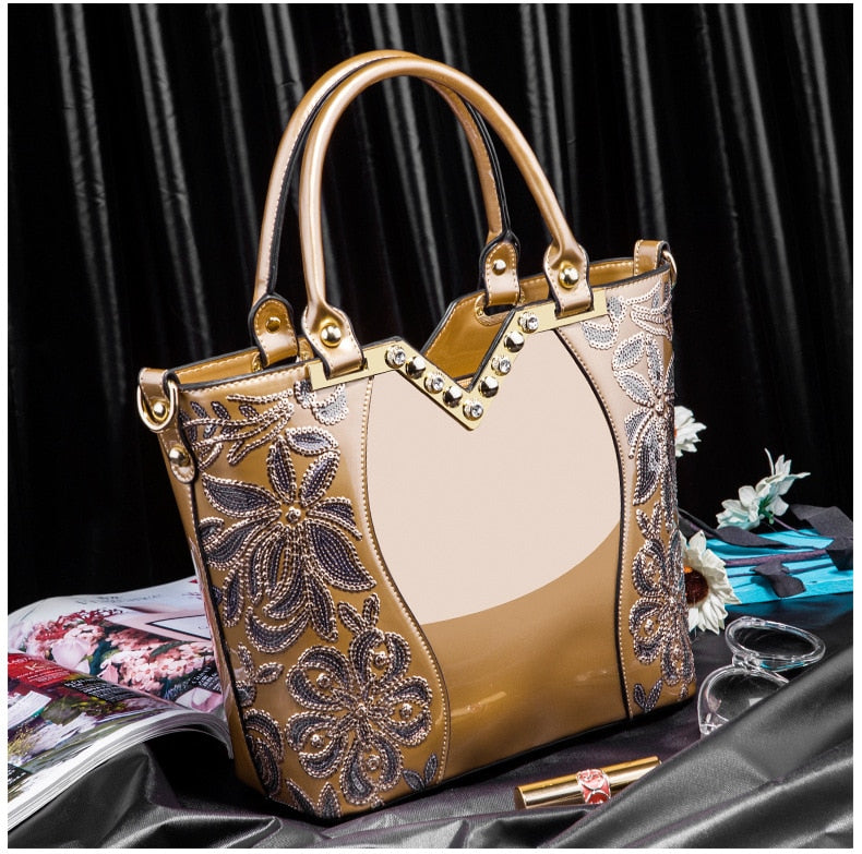 AMELISH Luxury Bag for Women 2022 High Quality Patent Leather Flower Embroidery Diamond Tote Handbag Fashion Female Shoulder Bag