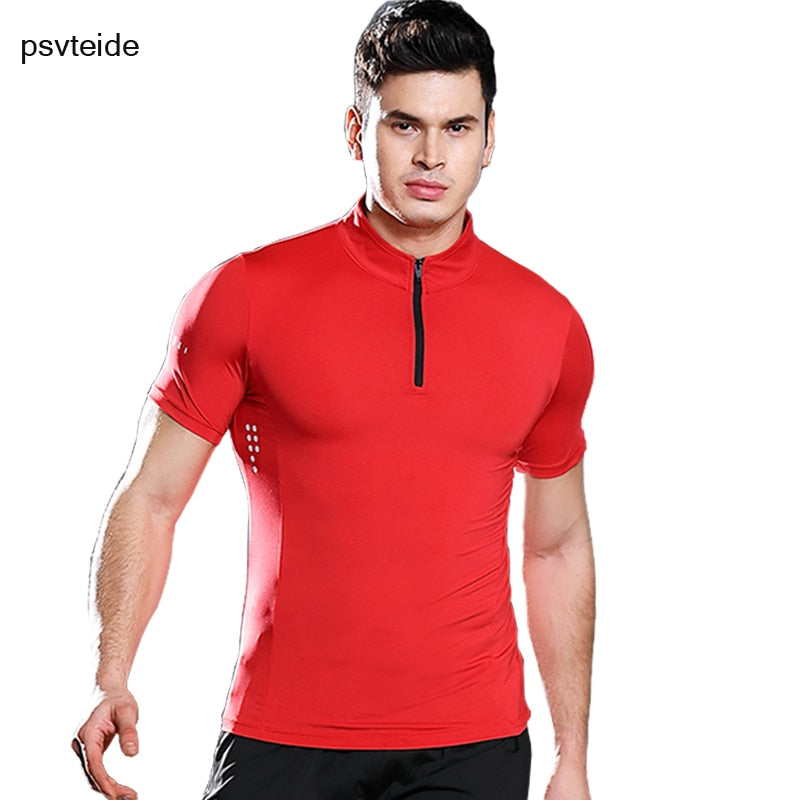 2020 New Training T Shirt Mens Compression Tshirt Cycling Jersey Men Short Sleeve T Shirts Men Gym Clothing Zipper Stand Neck