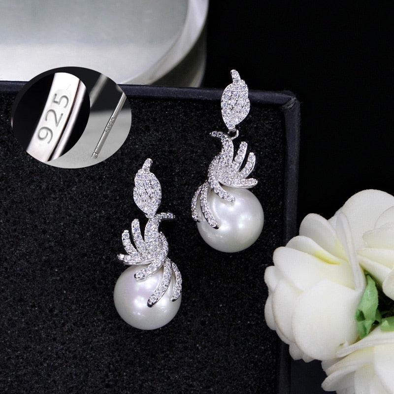 CWWZircons Gorgeous Micro Pave Cubic Zirconia Stones Silver Color Women Dangling Drop Pearl Earrings Fashion Jewelry CZ061