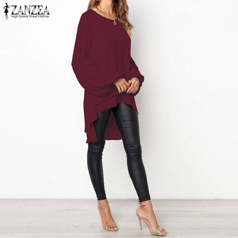 Women Blouse ZANZEA Autumn Crew Neck Lantern SleeveShirt Casual Solid Blusas Femininas Long Tops Tunic Asymmetrical Hem Blouses