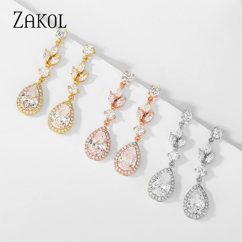 ZAKOL Fashion AAA Cubic Zircon Drop Earrings for Women White Color Leaf Wedding Jewelry Factory Wholesale FSEP4004