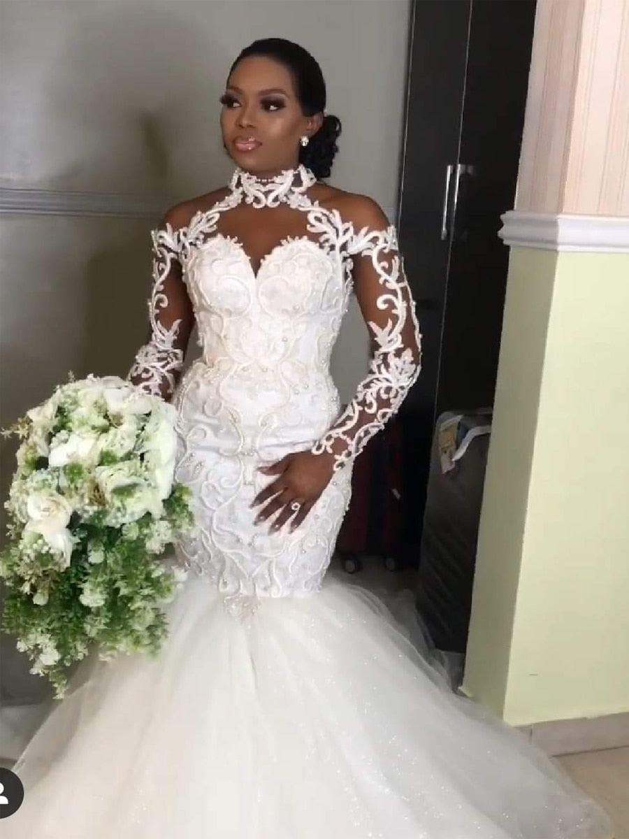 2021 Latest African Mermaid Wedding Dresses Elegant Halter Long Sleeves Lace Appliques Beads Bridal Gowns vestido de noiva