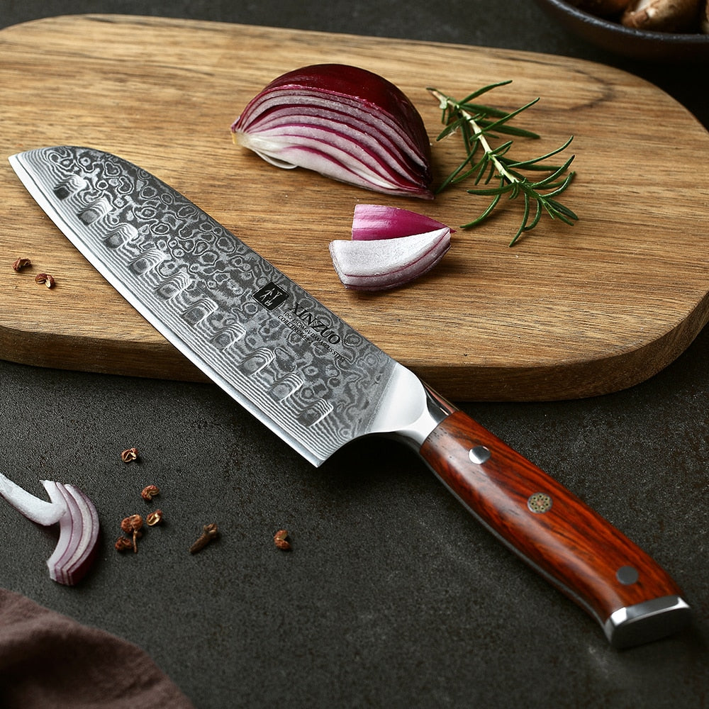 XINZUO 7'' inch Santoku Kitchen Knives 67 Layers Damascus Steel Chef Knife Rosewood Handle Dealing with Meat Fruit Vegetables