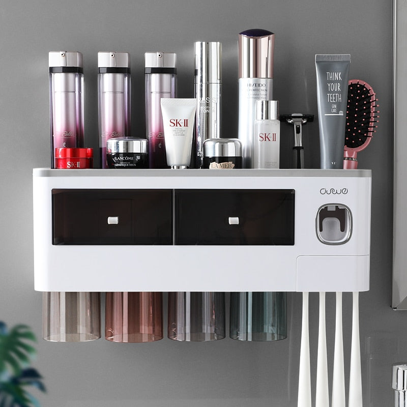 Bathroom Accessories Set Magnetic Adsorption Inverted Toothbrush Holder Automatic Toothpaste Dispenser Squeezer Storage Rack