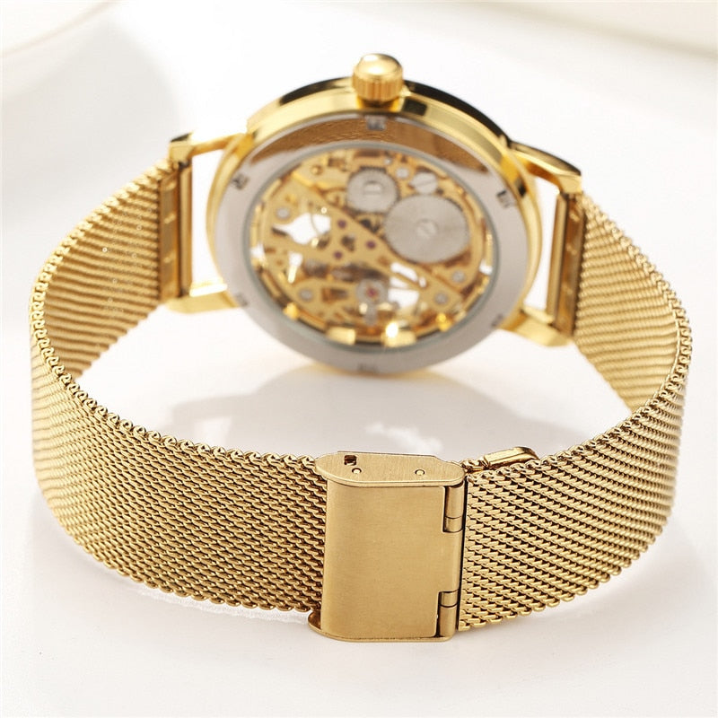 SEWOR Watch Men Skeleton Watches Stainless Steel Mesh Strap Mechanical Hand Wind Wristwatches Luxury Business Gold Watches Men