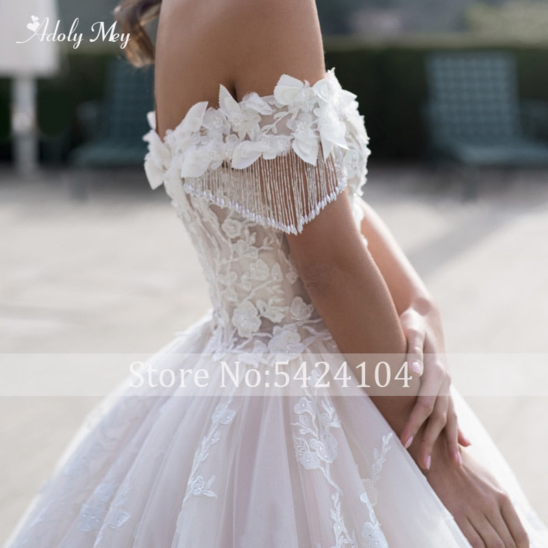 Adoly Mey Gorgeous Appliques Flowers A-Line Wedding Dresses 2021 Luxury Beaded Boat Neck Lace Up Princess Bridal Gown Plus Size